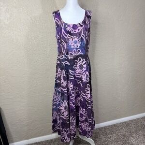 VTG Tropical Cotton Midi Dress Purple Fit Flare Handmade Retro Housewife Size 8